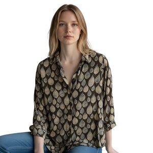 LSA Women’s Black and Cream Teardrop Blouse, Boho Workwear, Size M